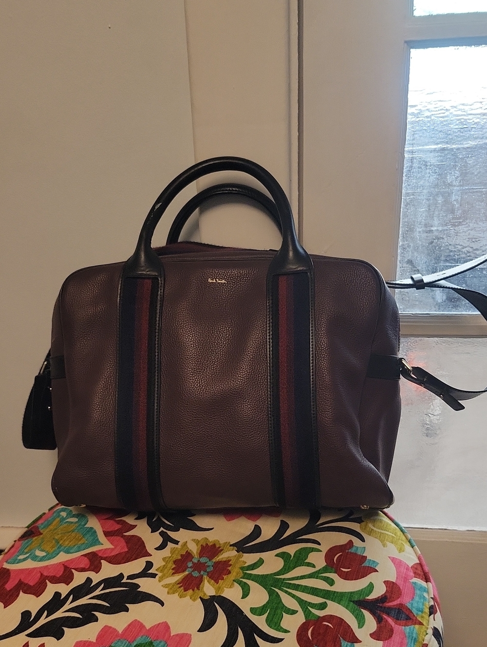 Paul Smith Men's Burgundy Leather Folio Bag with Navy Trim